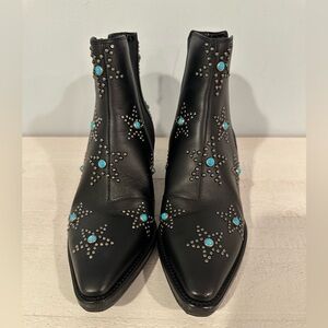 VALENTINO Garavani black leather turquoise blue stone star studded ankle boots